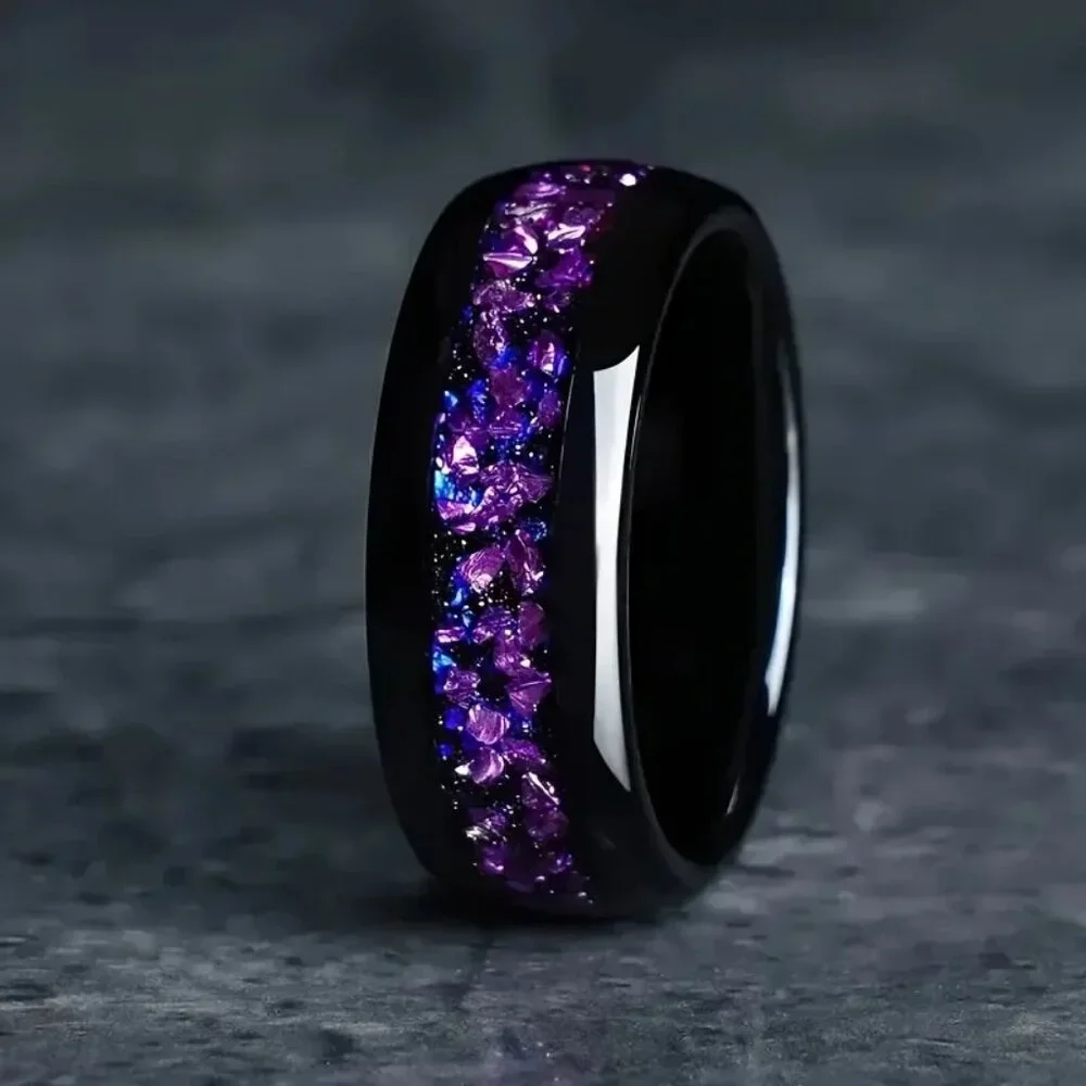 Tungsten Steel Carbide in Black with Center Purple Amethyst Nebula Inlay stateme